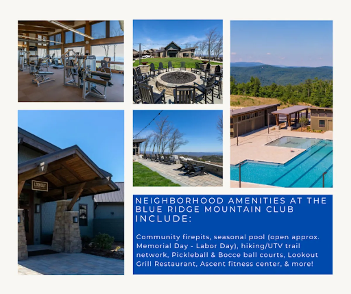 This exterior image features a vibrant scene with the resort's fitness center equipment, a fire pit for communal gatherings, a swimming pool, and the entrance to the on-site restaurant. The setting is energetic, designed for both relaxation and social activities, with the mountains as a scenic backdrop.